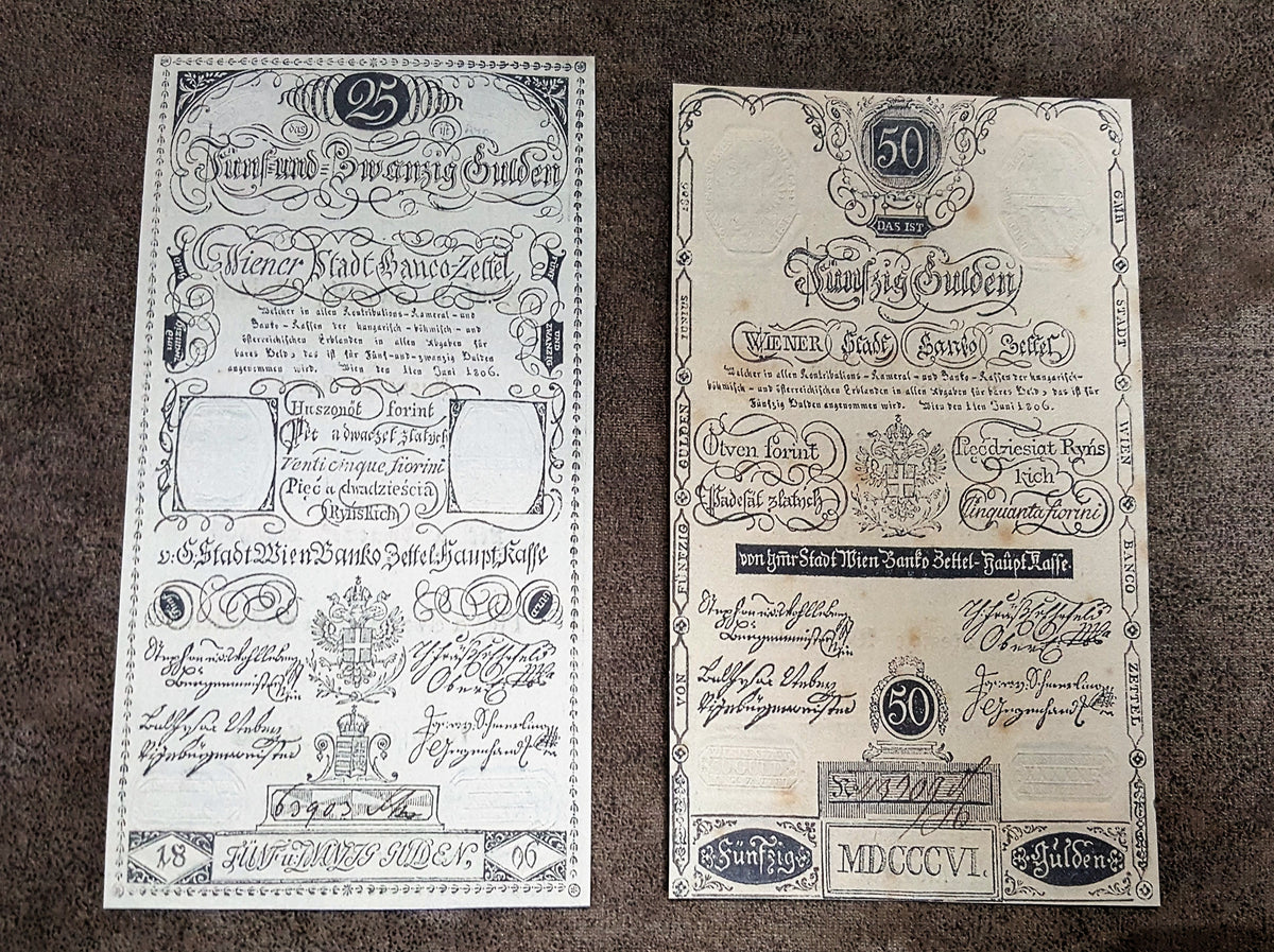 טקסט לטראפיק: Obverse presentation of the 1806 series Austria Gulden treasury notes. Exhibits intricate early Austrian empire calligraphic scripts, traditional security border lathe work, and official financial signature blocks.