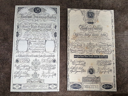 טקסט לטראפיק: Obverse presentation of the 1806 series Austria Gulden treasury notes. Exhibits intricate early Austrian empire calligraphic scripts, traditional security border lathe work, and official financial signature blocks.