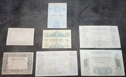 Reverse blank backing view of early Austrian National Bank uniface banknotes from the 1833 to 1841 series. Highlights the traditional handmade security rag paper textures, visible copperplate line indentations, and authentic historical document aging characteristics.