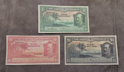 Group of 3 banknotes (trio) showing the front/obverse views of the 1919–1935 modified color series.