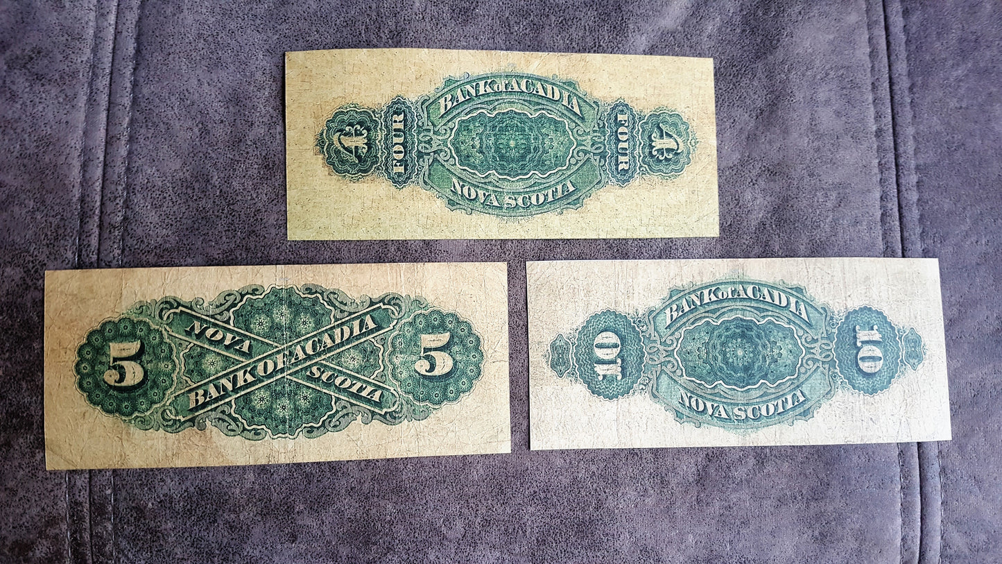 Bank of Acadia 4, 5 and 10 Dollar 1872 Numismatic Currency Notes Back Side