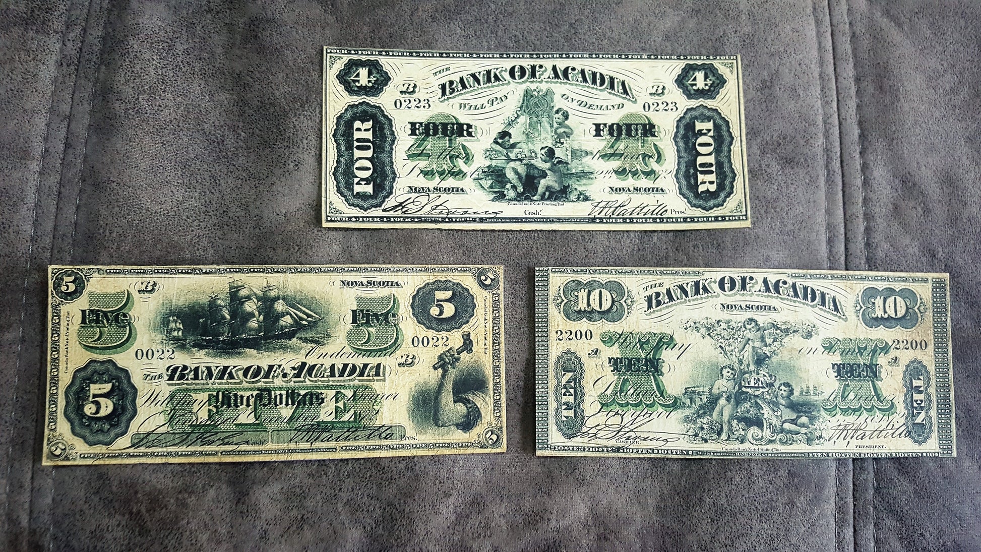 Bank of Acadia Rare 4 Dollar 1872, 5 Dollar 1872 and 10 Dollar 1872 Specimen Notes