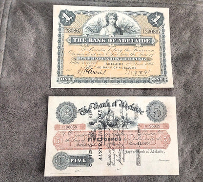 The Bank of Adelaide 1 Pound 1893 & 5 Pound 1907 Specimen banknote front