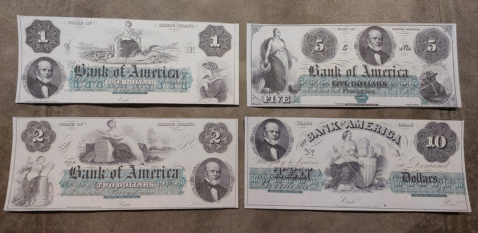 Bank of America Rhode Island 1, 2, 5 & 10 Dollar 1860 obsolete currency notes front