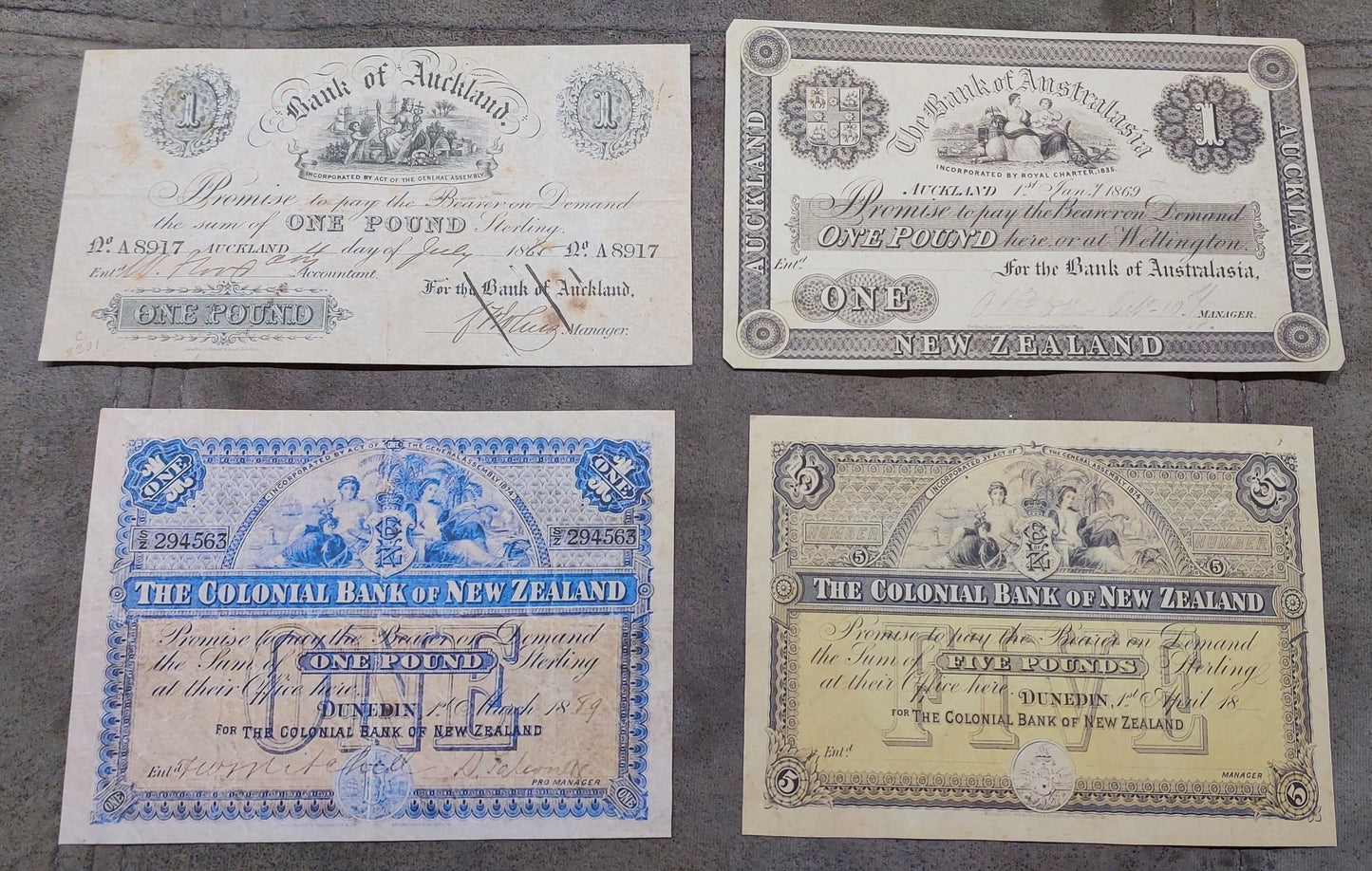 Bank of Auckland 1 Pound 1865 and The Bank of Australia 1 Pound 1869 Specimen Notes