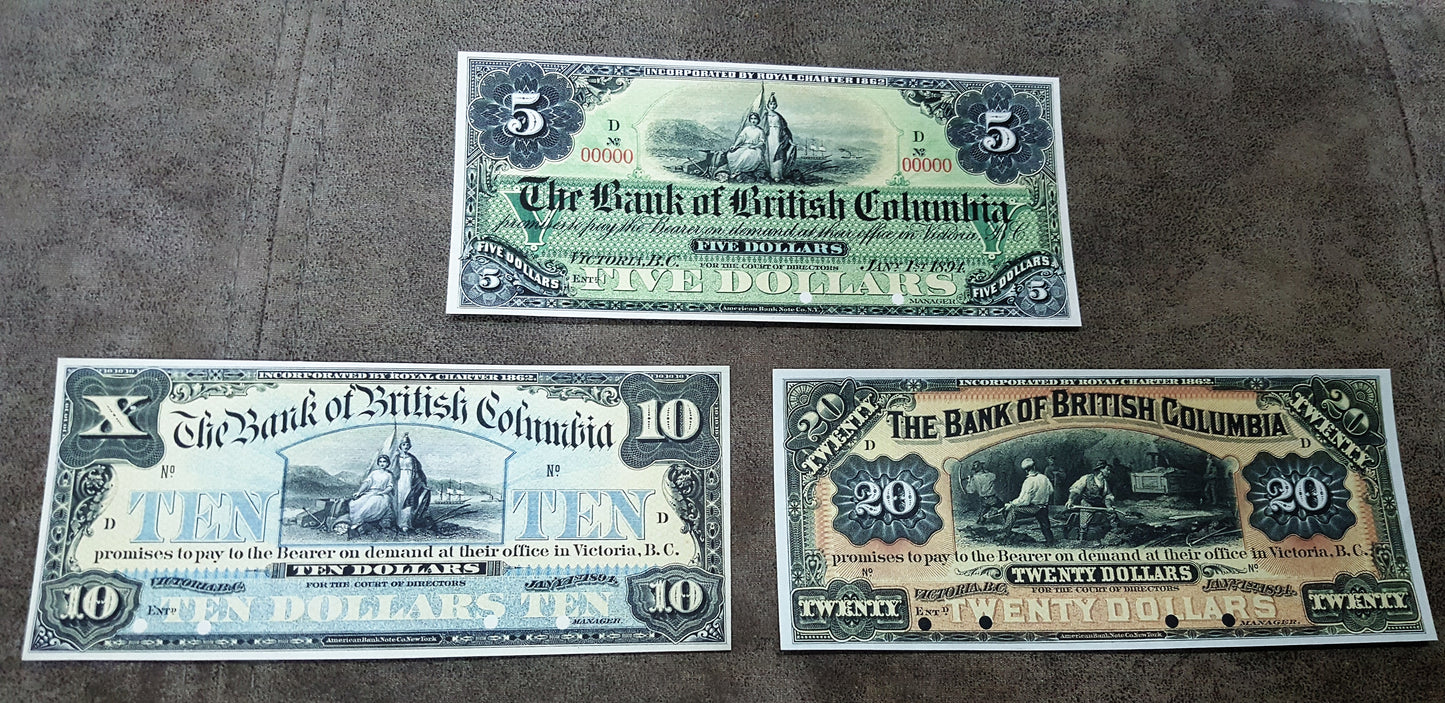 Bank of British Columbia 1, 5, 10 and 20 Dollar 1863 and 1894 Proof Notes