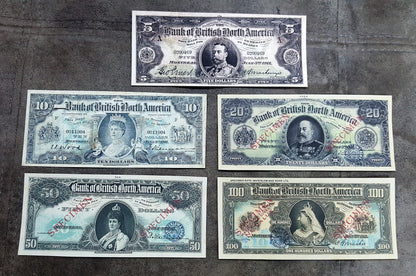Bank of British North America 1911 Series 10, 20, 50 and 100 Dollar High Denomination Specimen Notes