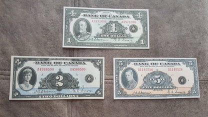 Bank of Canada 1, 2 and 5 Dollar 1935 Series English Issue Specimen Notes