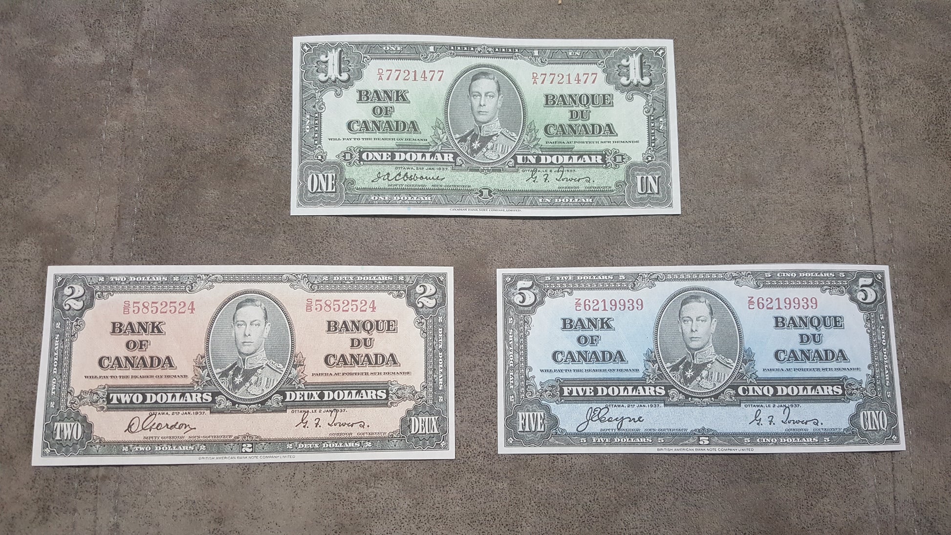 Bank of Canada 1, 2 and 5 Dollar 1937 Series King George VI Specimen Notes