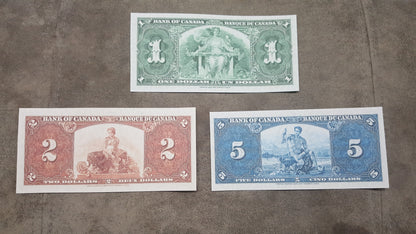 Bank of Canada 1, 2 and 5 Dollar 1937 Currency Notes Back Side