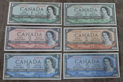 Bank of Canada 1, 2 and 5 Dollar 1954 Devil's Face Notes Type A Beattie-Coyne & Type B Coyne-Towers