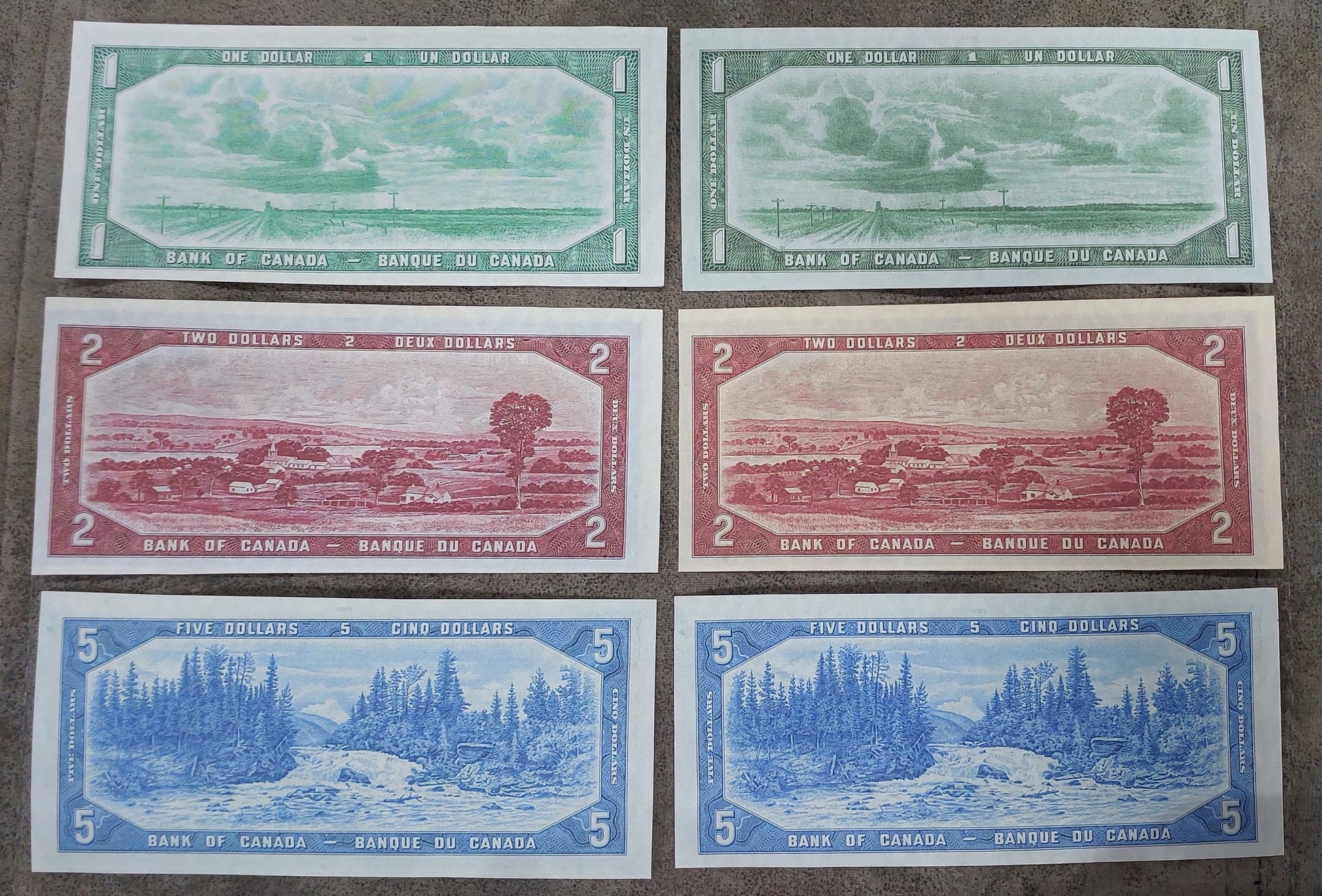 Bank of Canada 1, 2 and 5 Dollar 1954 Queen Elizabeth II Notes Back Side