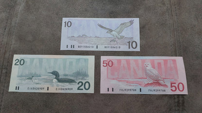 Bank of Canada 10, 20 and 50 Dollar Archival Specimen Notes Reverse 1986-1991