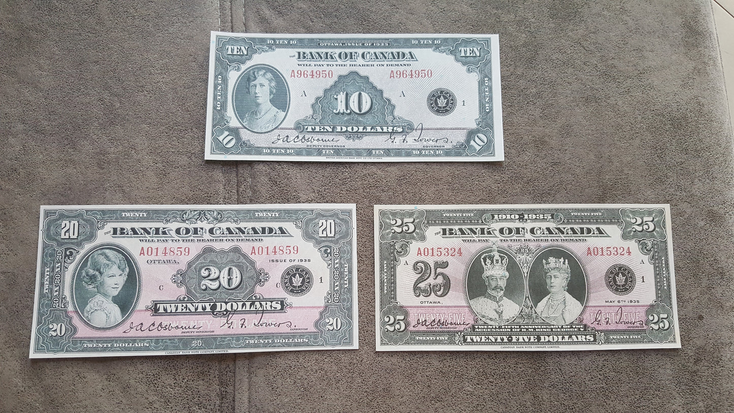 Bank of Canada 10 Dollar 1935 and 20 Dollar 1935 English Issue Banknotes