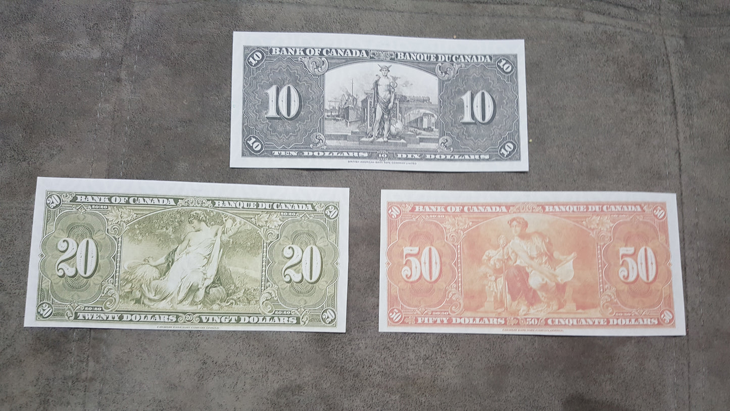 Bank of Canada 10 and 20 Dollar 1937 King George VI Treasury Notes Reverse
