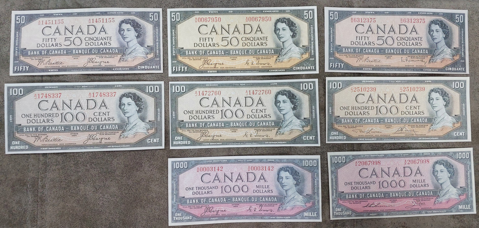 Bank of Canada High Denomination 100 & 1000 Dollar 1954 Devil's Face Specimen Notes