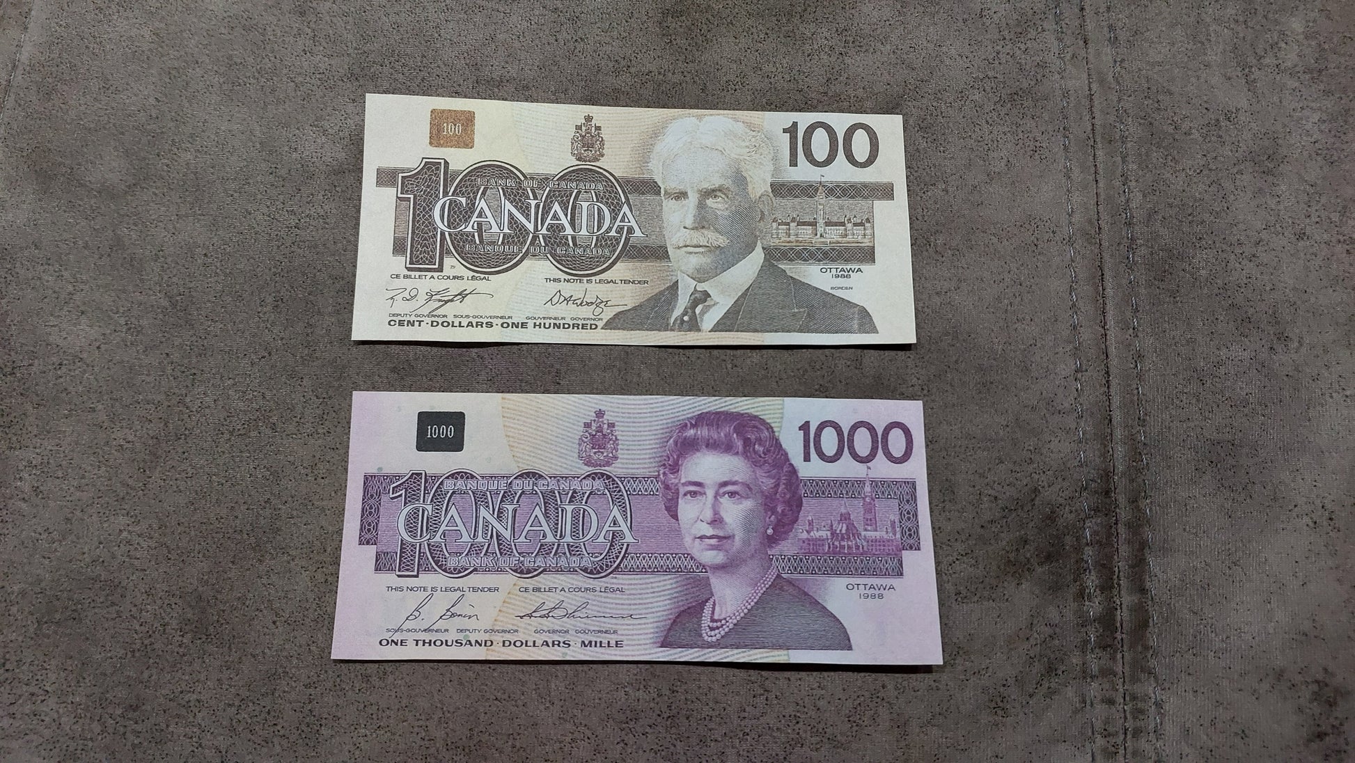 Bank of Canada 100 and 1000 Dollar High Denomination Specimen Notes 1986