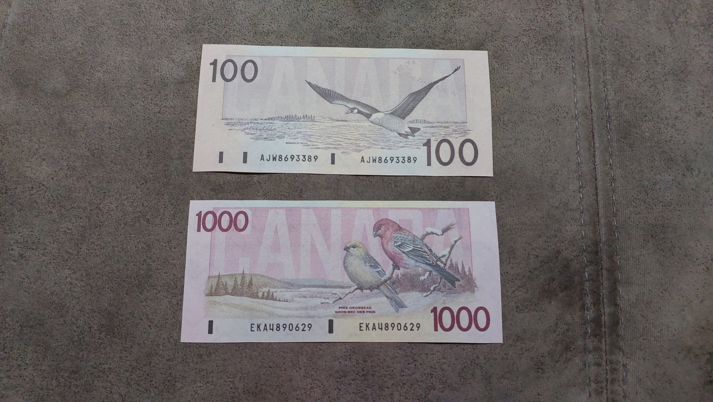 Bank of Canada 100 and 1000 Dollar Rare Birds Series Notes Reverse 1988