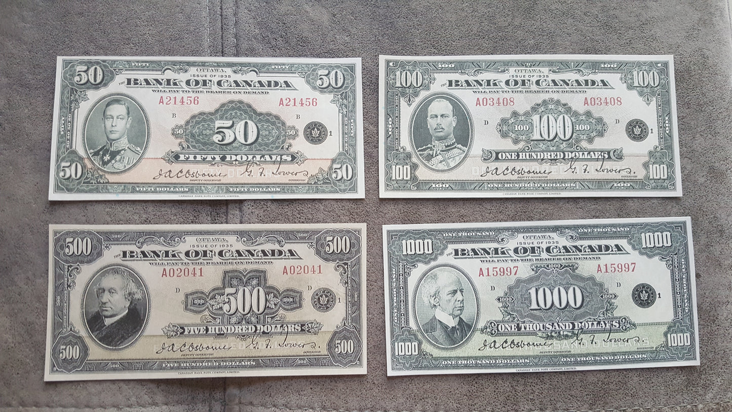 Bank of Canada 100, 500 and 1000 Dollar 1935 High Denomination English Issue Notes