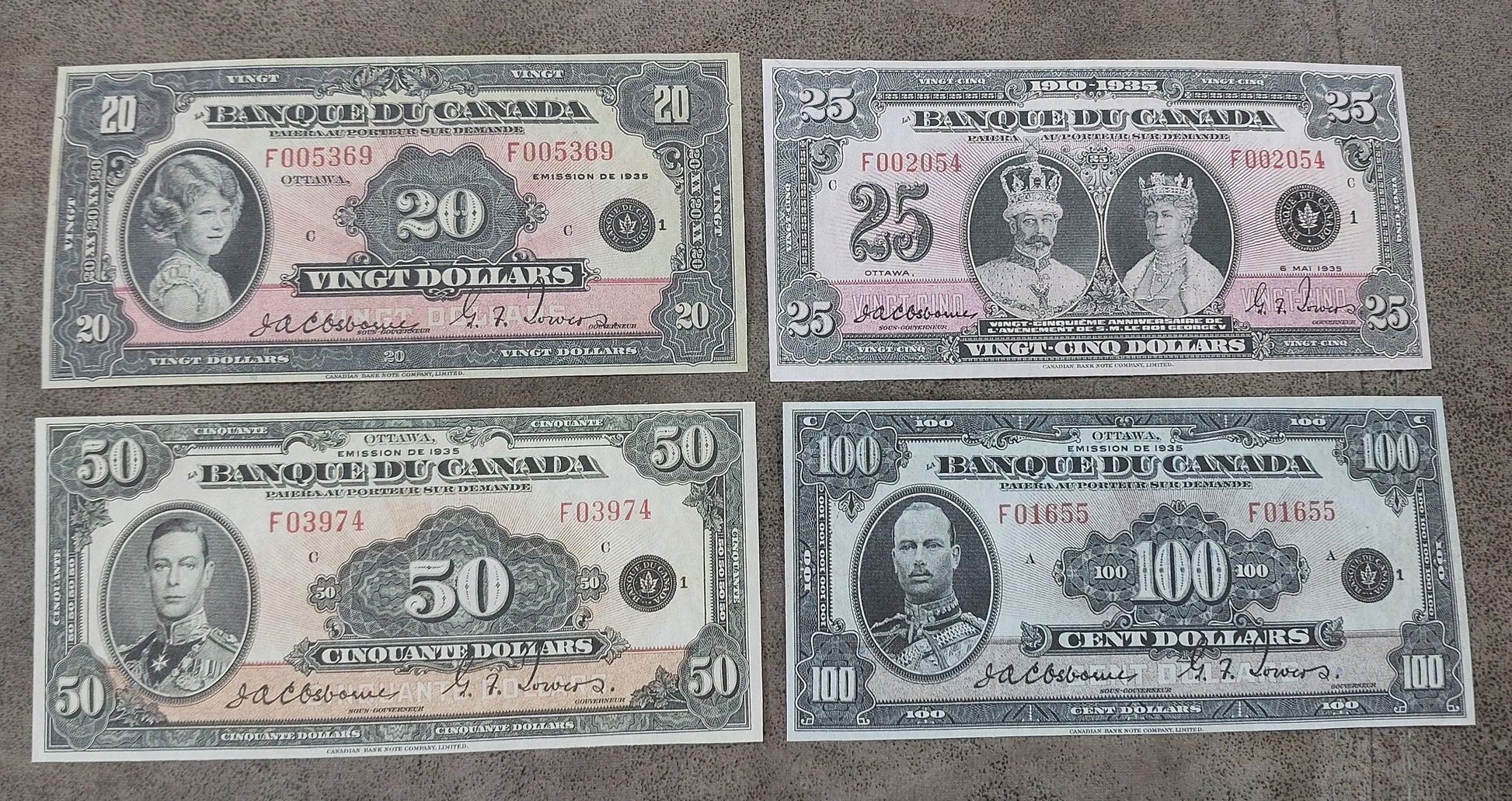 Bank of Canada 50, 100 and 25 Dollar 1935 High Denomination Specimen Notes  printed in French 