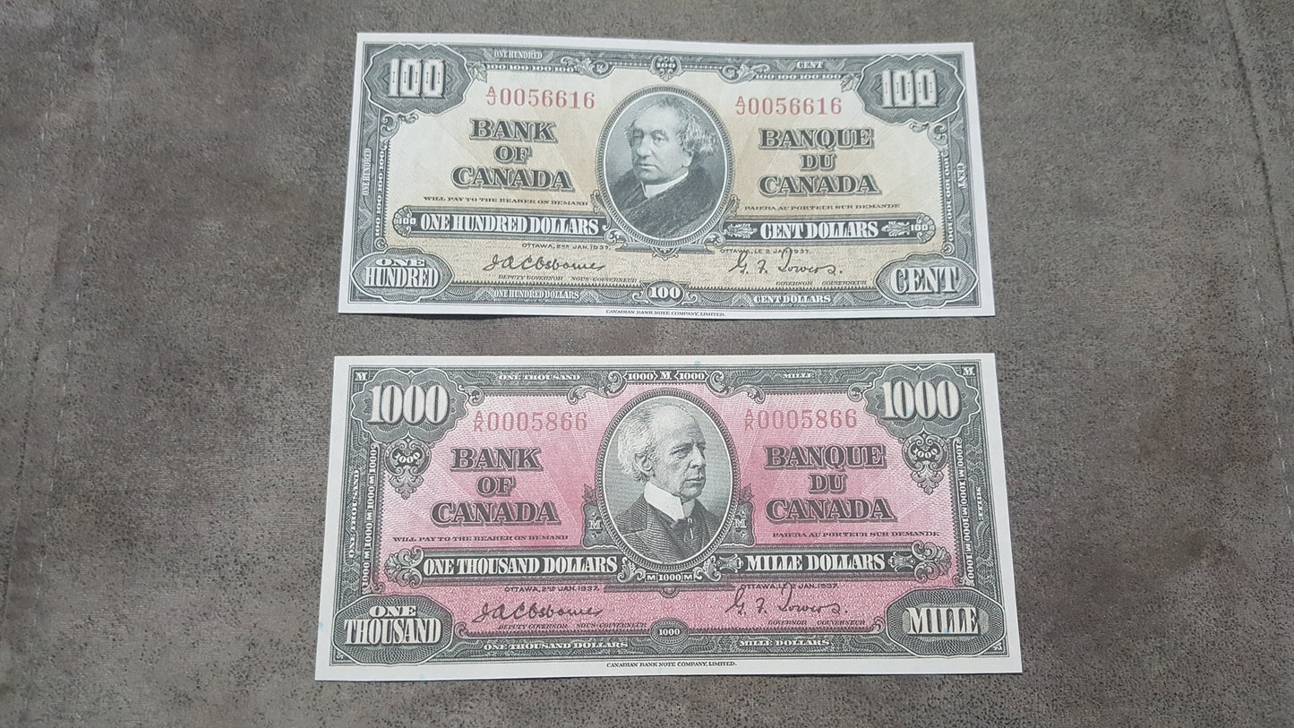 Bank of Canada 50, 100 and 1000 Dollar 1937 High Denomination Specimen Notes