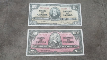 Bank of Canada 50, 100 and 1000 Dollar 1937 High Denomination Specimen Notes