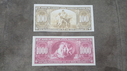 Bank of Canada High Denomination 50, 100 and 1000 Dollar 1937 Notes Reverse