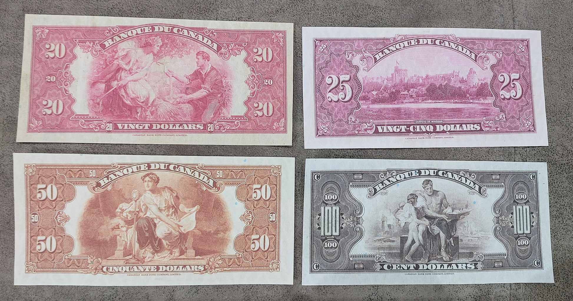 Bank of Canada 50, 100 and 25 Dollar 1935 High Denomination Specimen Notes reverse  printed in French 
