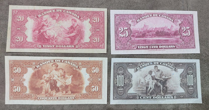 Bank of Canada 50, 100 and 25 Dollar 1935 High Denomination Specimen Notes reverse  printed in French 