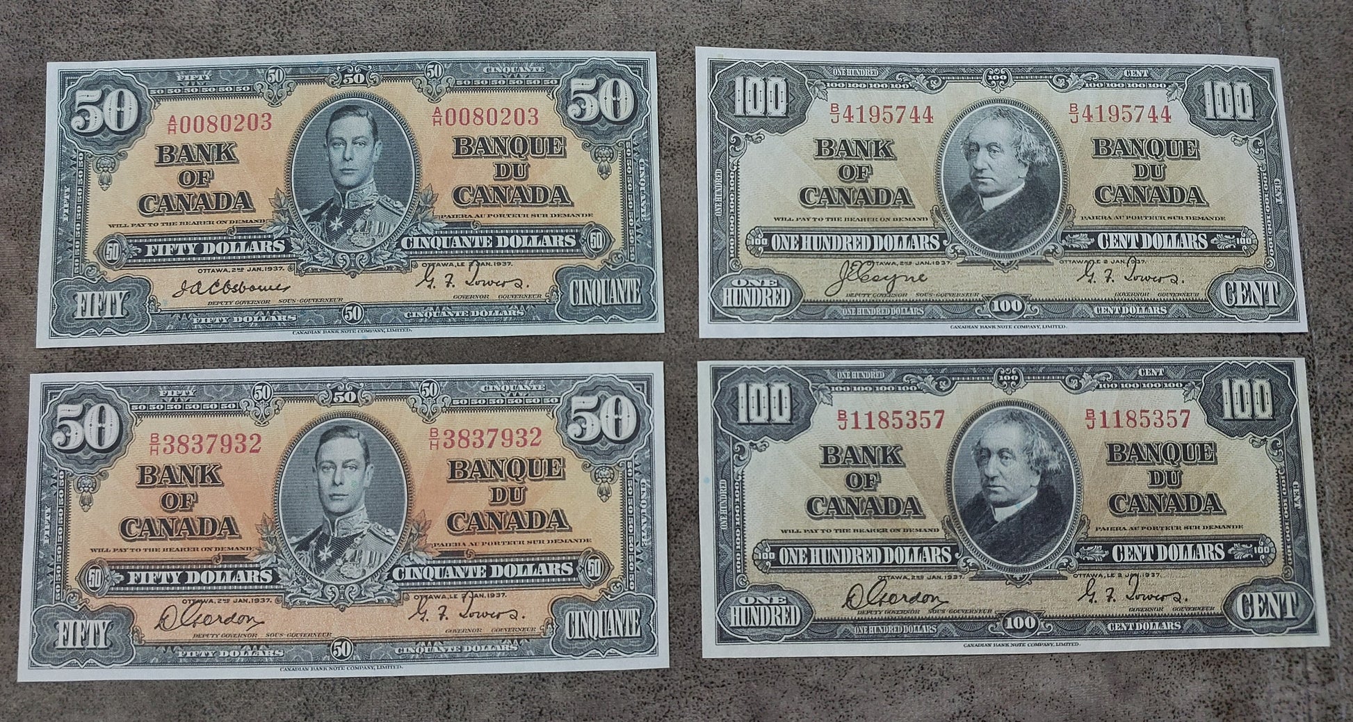 Bank of Canada 50 ,100 Dollar 1937 King George VI Treasury Notes Reverse
