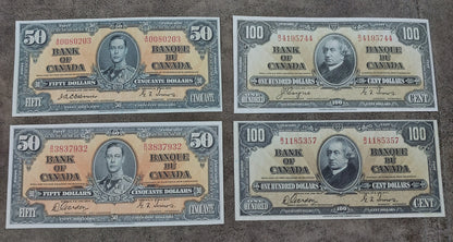 Bank of Canada 50 ,100 Dollar 1937 King George VI Treasury Notes Reverse