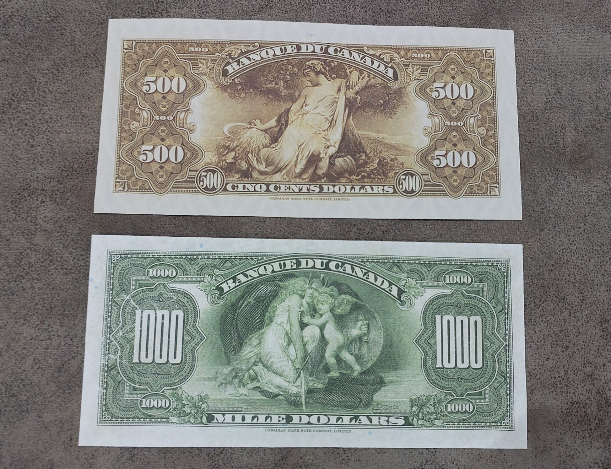 Bank of Canada High Denomination 500 and 1000 Dollar 1935 Notes   printed in French reverse