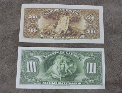 Bank of Canada High Denomination 500 and 1000 Dollar 1935 Notes   printed in French reverse