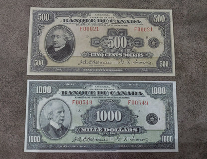 Bank of Canada High Denomination 500 and 1000 Dollar 1935 Notes   printed in French 