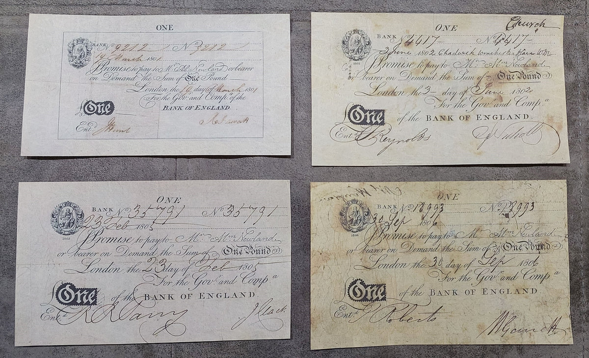 Bank of England early 1800s historical 1 Pound notes covering the years 1801, 1802, 1805, and 1809. Features the signature Napoleonic Wars emergency currency architecture, complete with dark ink contrast, ornate numeral denominations, and rare cashier signature variants.