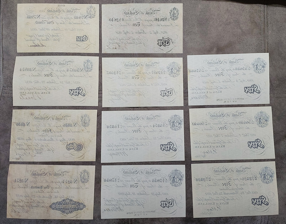 Reverse views of Victorian-era uniface Bank of England notes, highlighting the classic blank backup with authentic ink bleed-through profiles, distinct plate lines, and historical security rag paper textures prized by advanced notaphily grading experts.