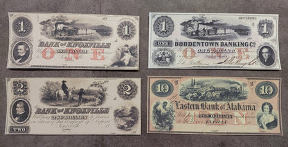 Bank of Knoxville 1 & 2 Dollar, Bordentown Banking 1 Dollar & Eastern Bank of Alabama 10 Dollar notes front
