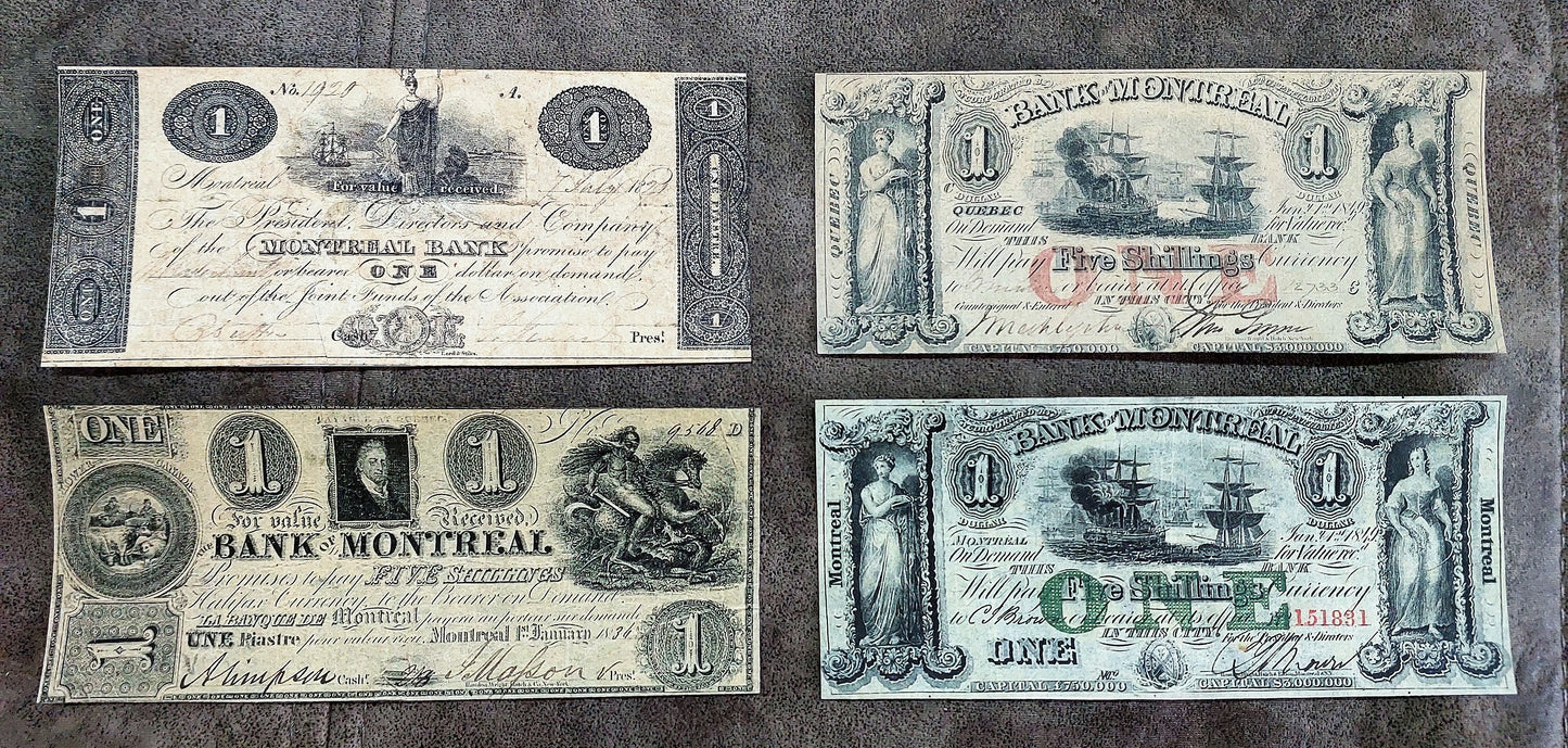 Bank of Montreal 1 Dollar 1821, 1834, 1842 & 1849 Notes with Red and Green Numbers