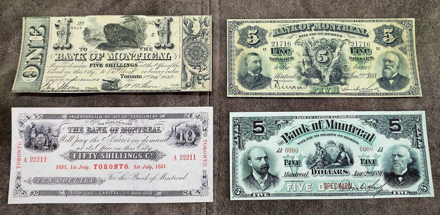 Bank of Montreal 10 Dollar 1851, 5 Dollar 1888, 1891 Specimen and 1904 Proof Notes