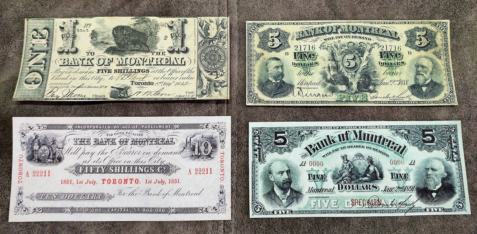 Bank of Montreal 10 Dollar 1851, 5 Dollar 1888, 1891 Specimen and 1904 Proof Notes
