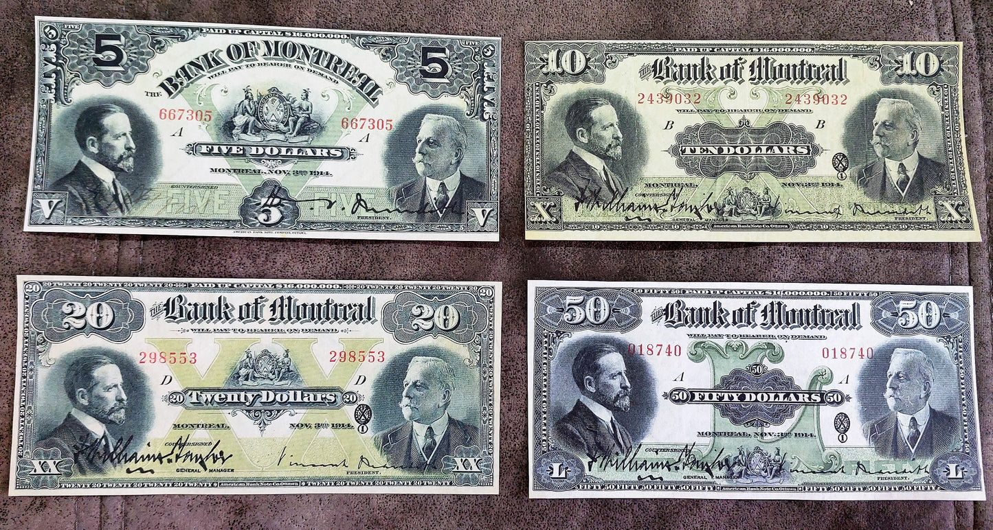Bank of Montreal 5, 10, 20 and 50 Dollar 1914 Series Specimen Notes