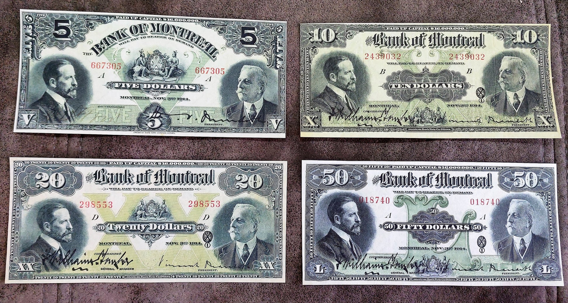 Bank of Montreal 5, 10, 20 and 50 Dollar 1914 Series Specimen Notes