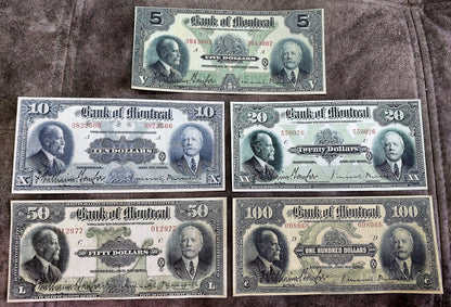 Bank of Montreal 1923 Series 5, 10, 20, 50 and 100 Dollar High Denomination Notes