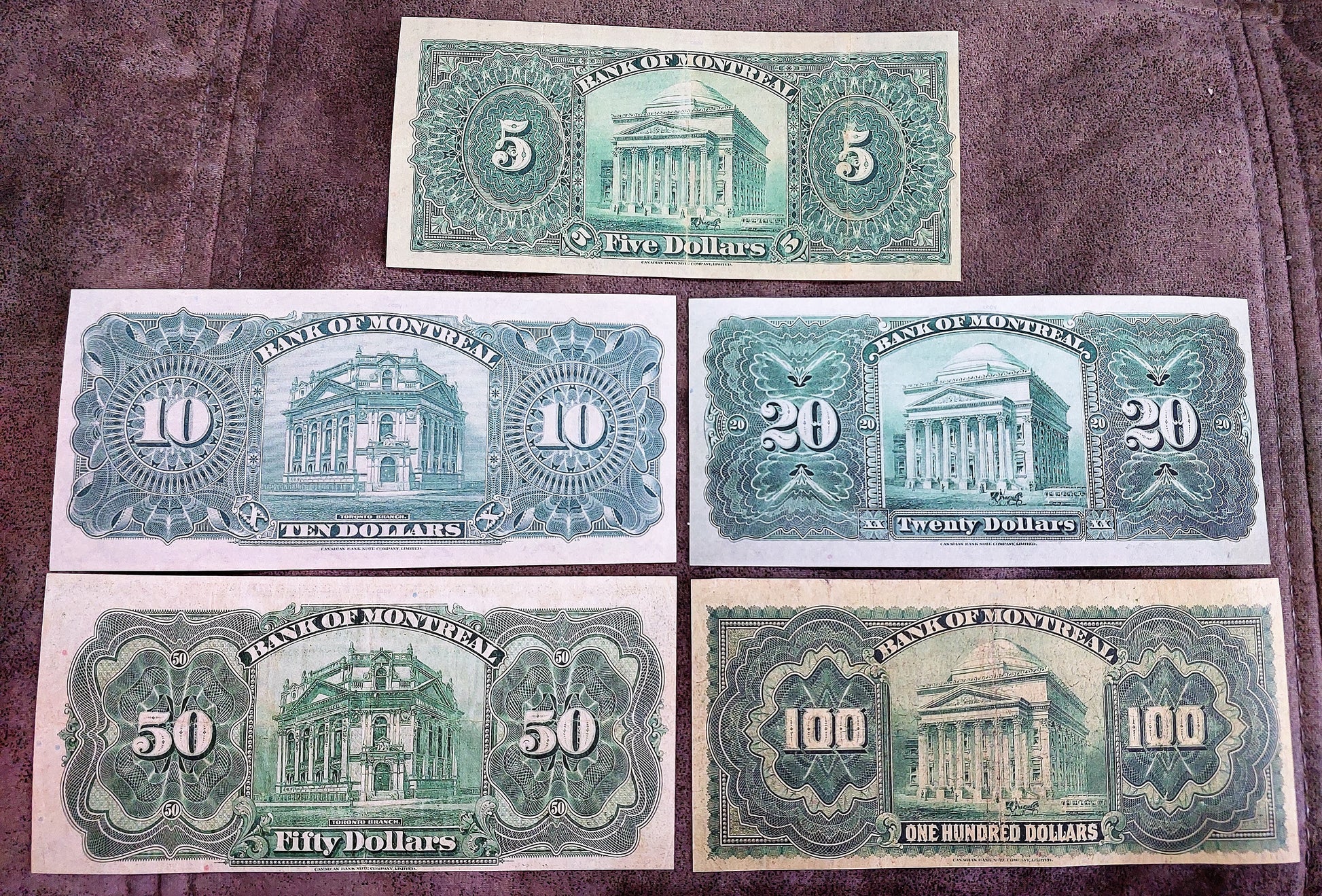 Bank of Montreal High Denomination 5 to 100 Dollar 1923 Notes Reverse