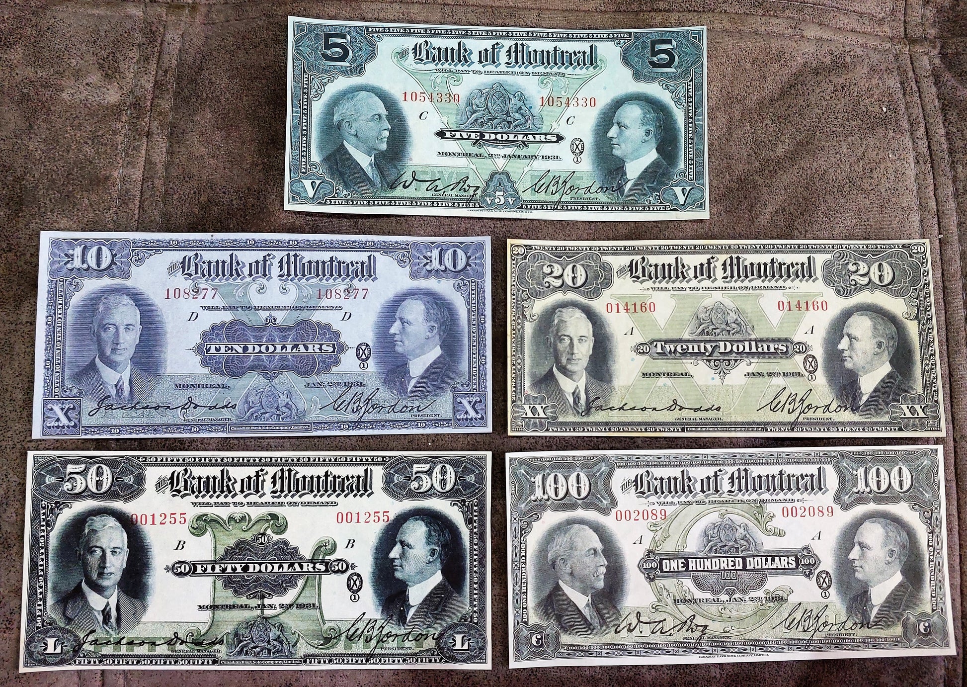 Bank of Montreal 1931 Series 5, 10, 20, 50 and 100 Dollar Treasury Specimen Notes