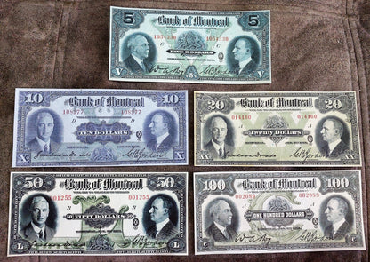 Bank of Montreal 1931 Series 5, 10, 20, 50 and 100 Dollar Treasury Specimen Notes