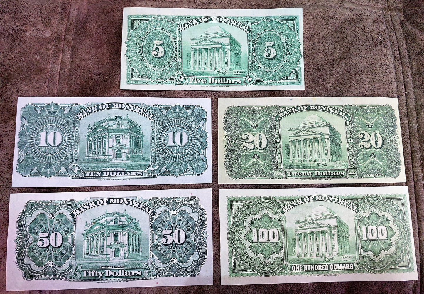Bank of Montreal High Denomination 5 to 100 Dollar 1931 Notes Reverse Side
