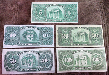 Bank of Montreal High Denomination 5 to 100 Dollar 1931 Notes Reverse Side