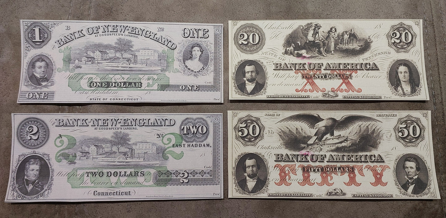 Bank of New England 1 & 2 Dollar with Bank of America Tennessee 20 & 50 Dollar obsolete notes front