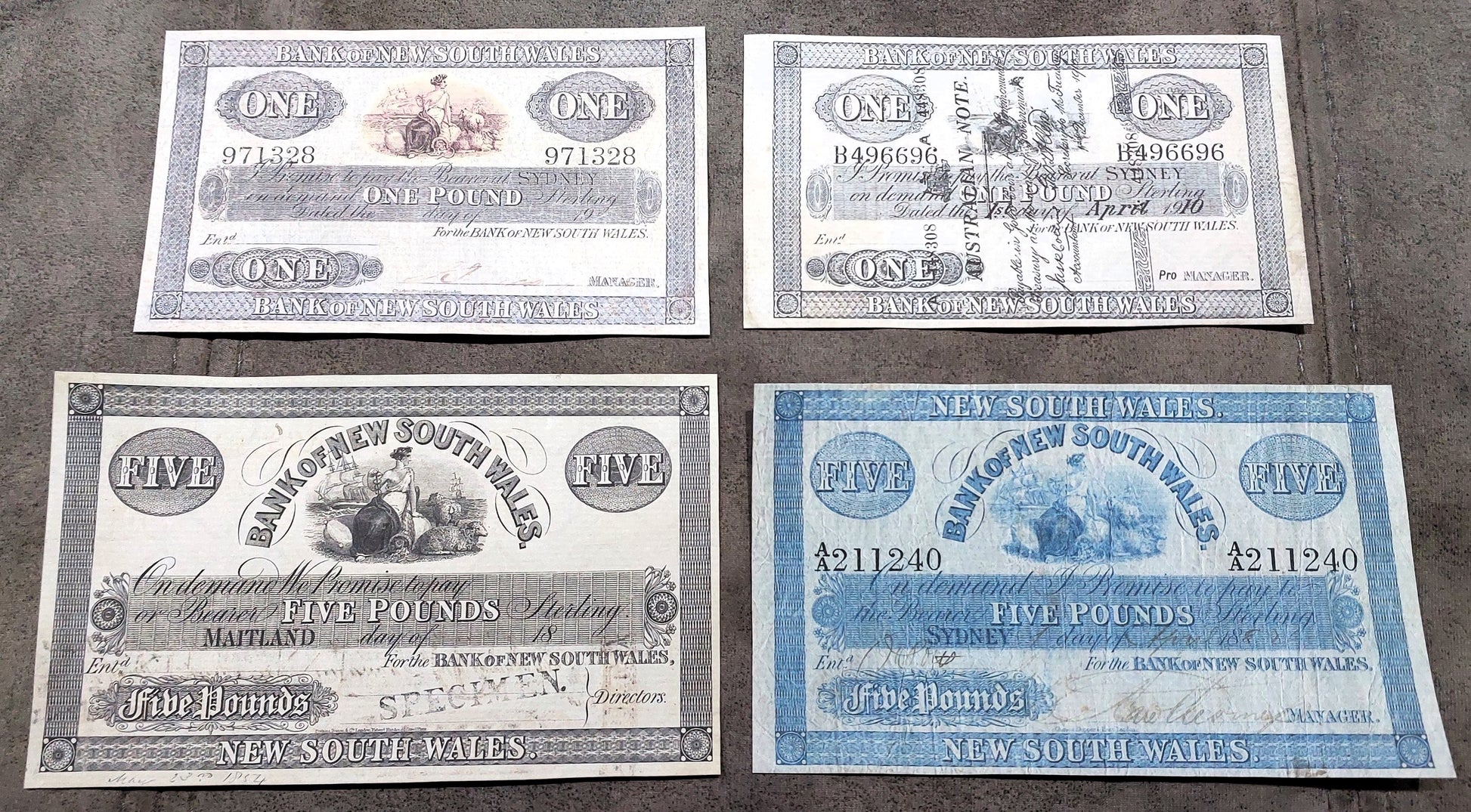 Bank of New South Wales 1 Pound 1903, 1910 and 5 Pound 1854, 1882 Specimen Notes